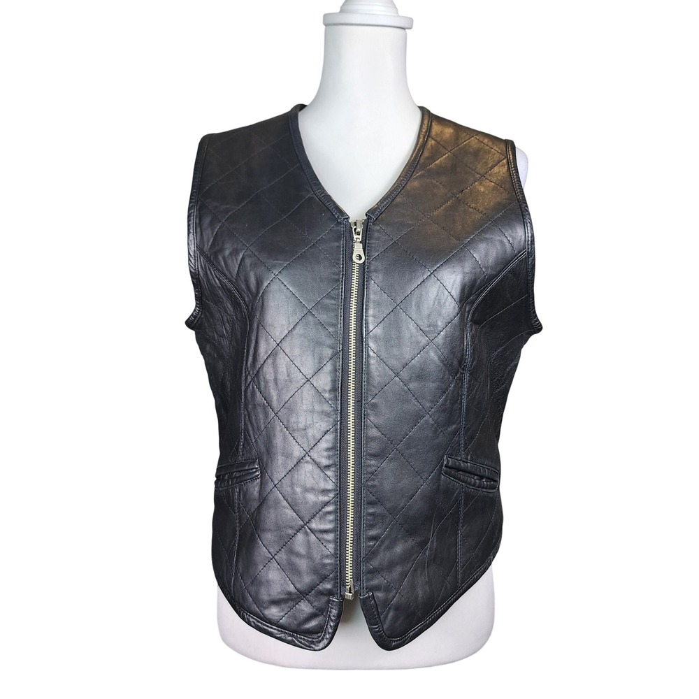 Preston & York Vintage Black Quilted Lambskin Leather Vest Womens M Biker Casual